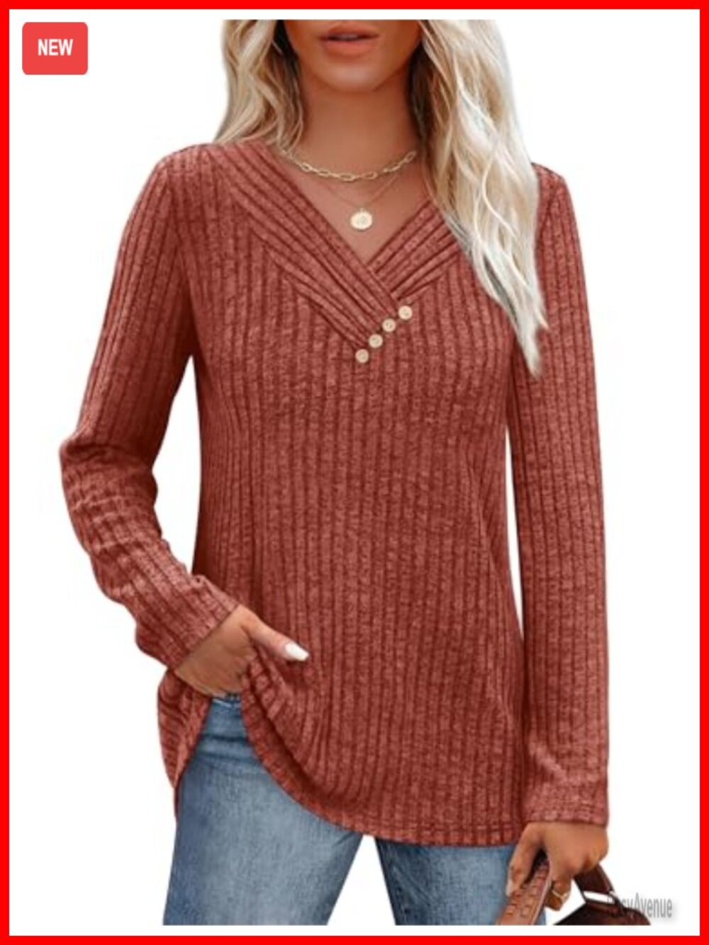 Women's Long Sleeve V-Neck Sweater with Decorative Buttons Loose Fit